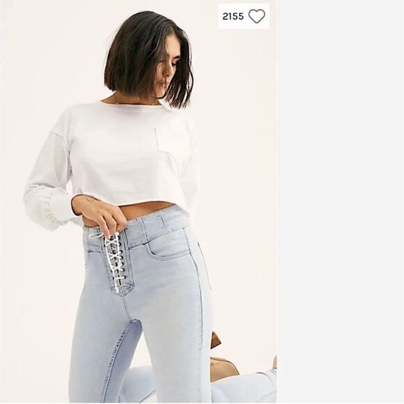 Free People CRVY High Rise Lace Up Skinny Jeans Size 26 Light Blue OB839226 - Picture 3 of 10